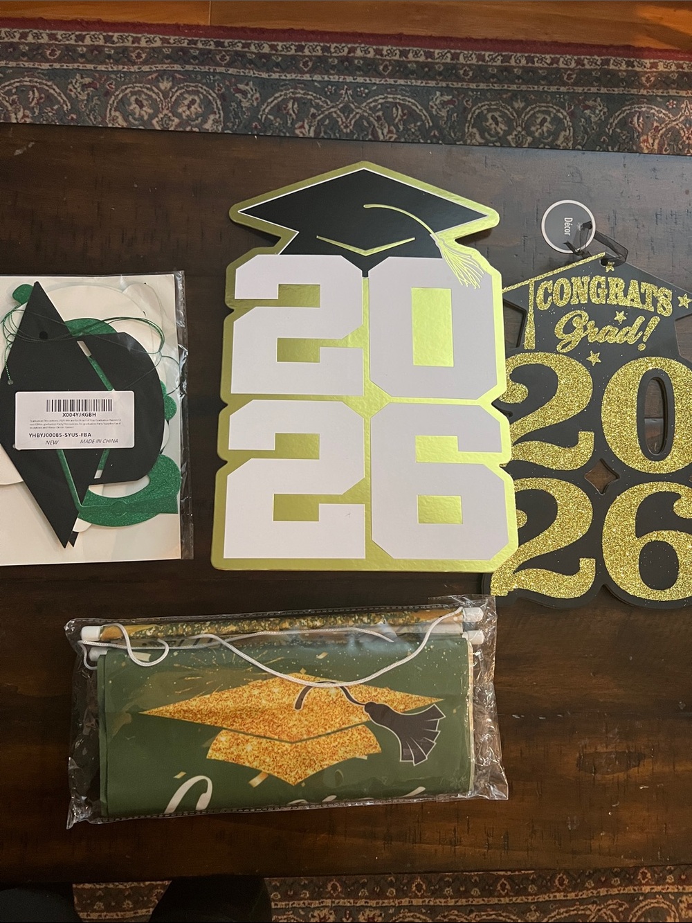 2026 Graduation Party Banner Decoration - Green and Gold Congrats Grad